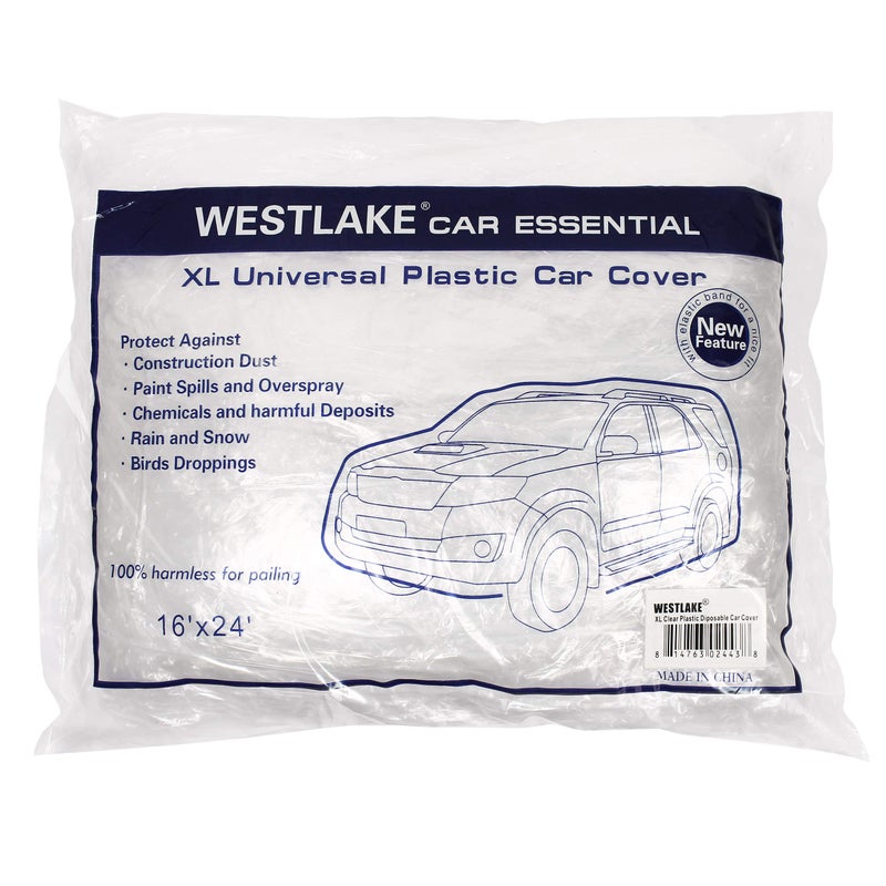 West Lake Car Essential Universal Disposable Clear Plastic Car Cover Suitable for SUV Sedan Mini Van, 24 Feet by 16 Feet Extra Large Size with Elastic Band - Image 1